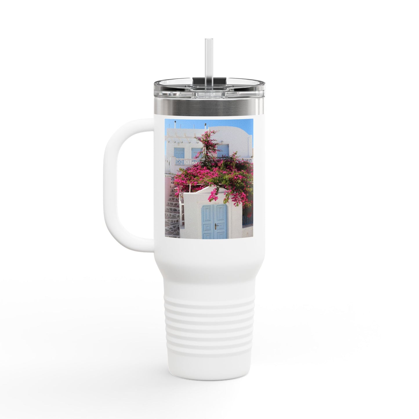 Santorini Blue Door Photo Travel Mug 40oz Insulated Tumbler