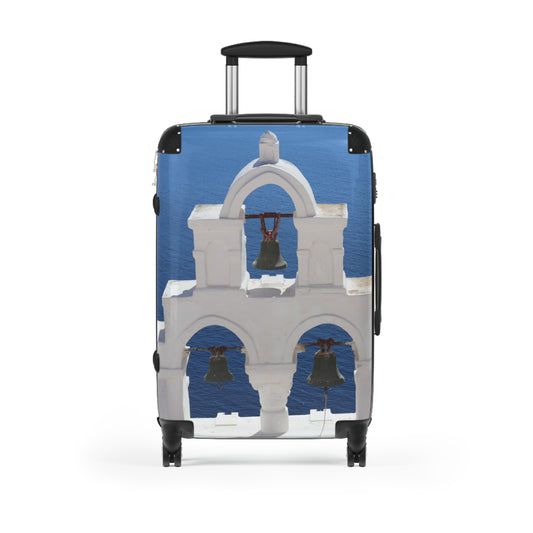 Luxury Santorini Oia Suitcase - Ghost City Edition - Triple Bell Tower Photography - Exclusive Greek Island Travel Bag