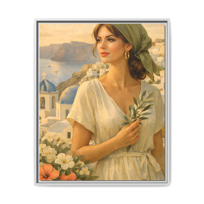 Oia Santorini Greek Woman Portrait — Romantic Vintage Framed Matte Canvas Art