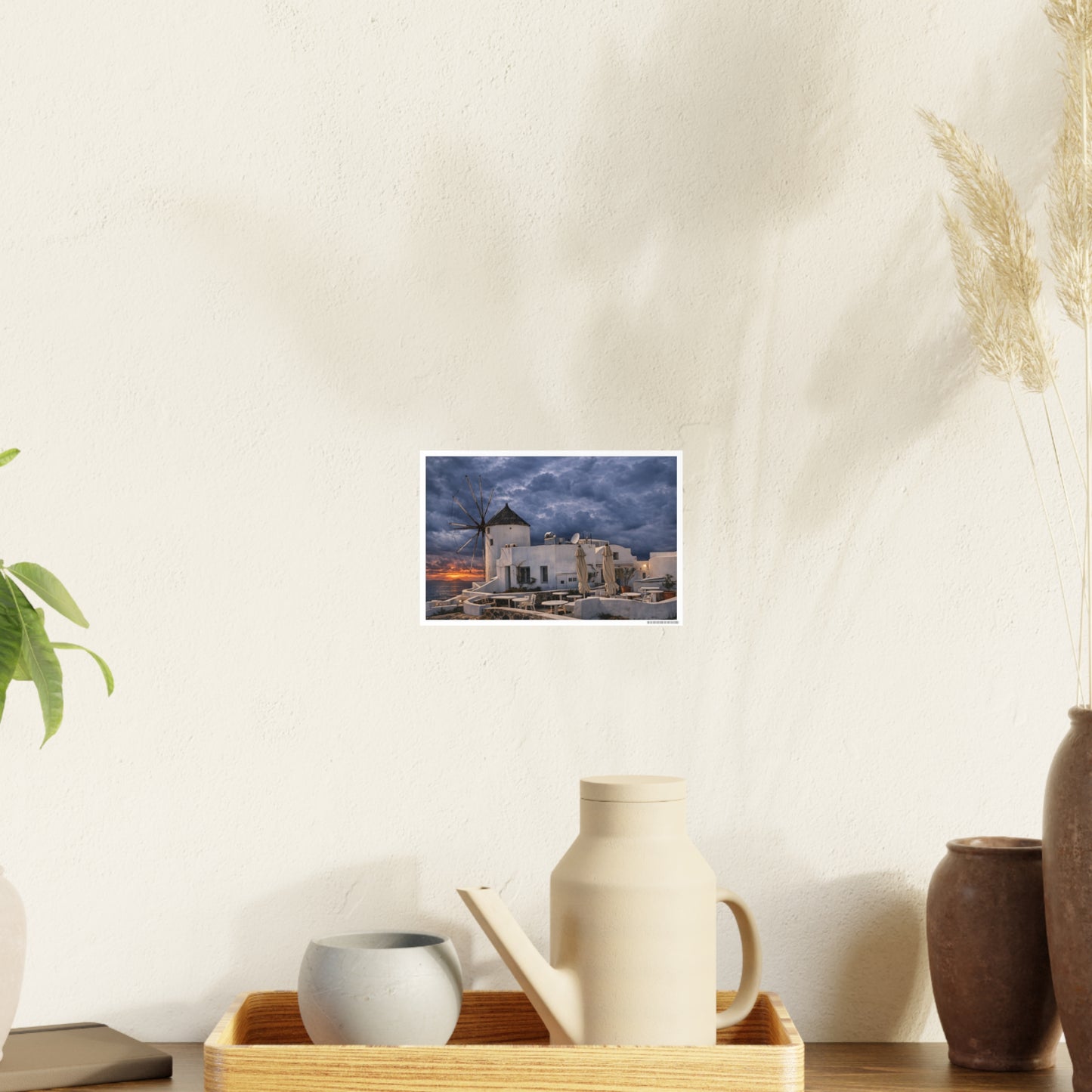 Oia Santorini Windmill Sunset Poster — Mediterranean Landscape Photo Art Print