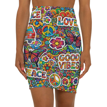 Good Vibes Hippie Pencil Skirt — Peace, Love & Butterfly Floral Print