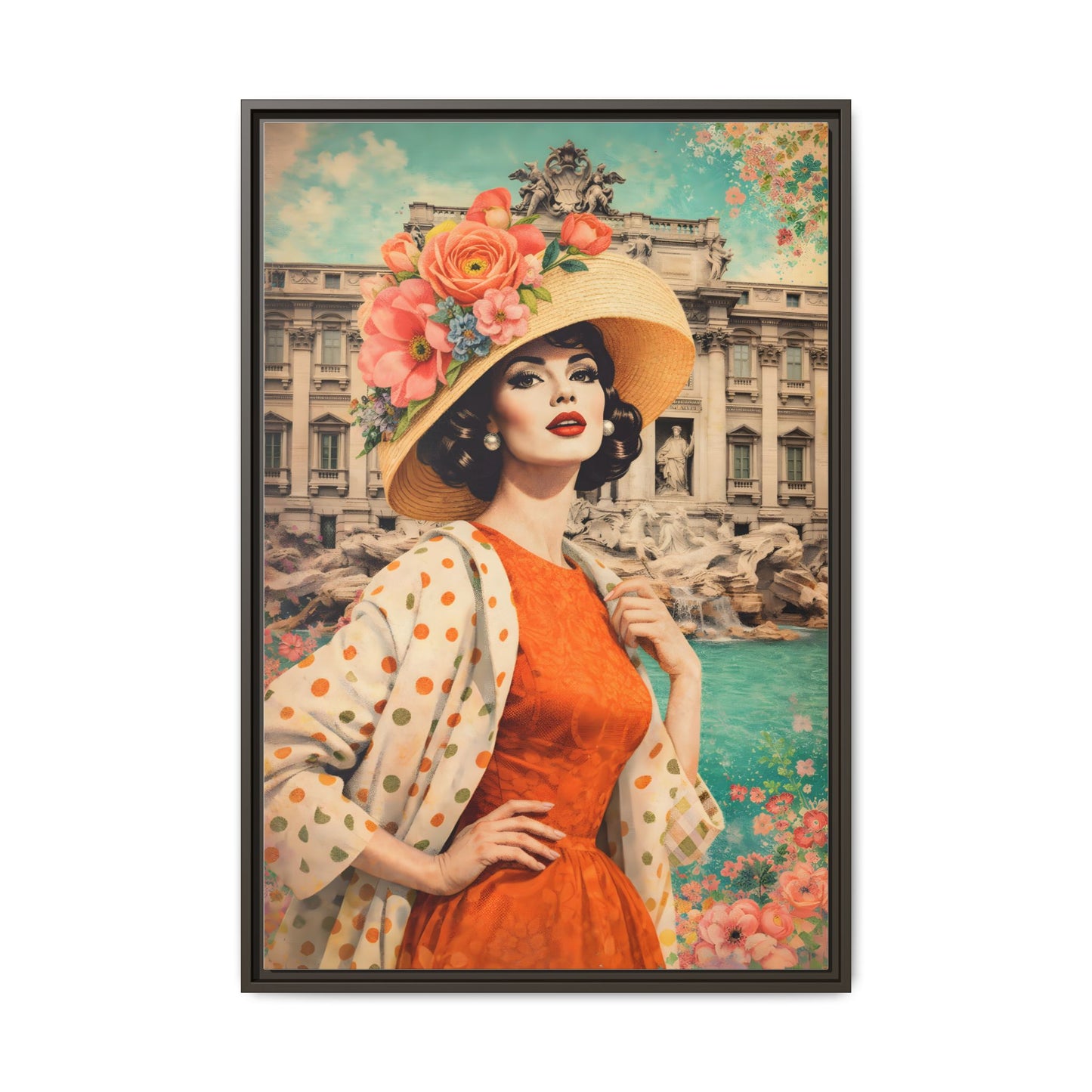 Elegant glamorous vintage woman in Rome front of Trevi Fountain, retro Italian travel fashion illustration,Framed Matte Canvas Art
