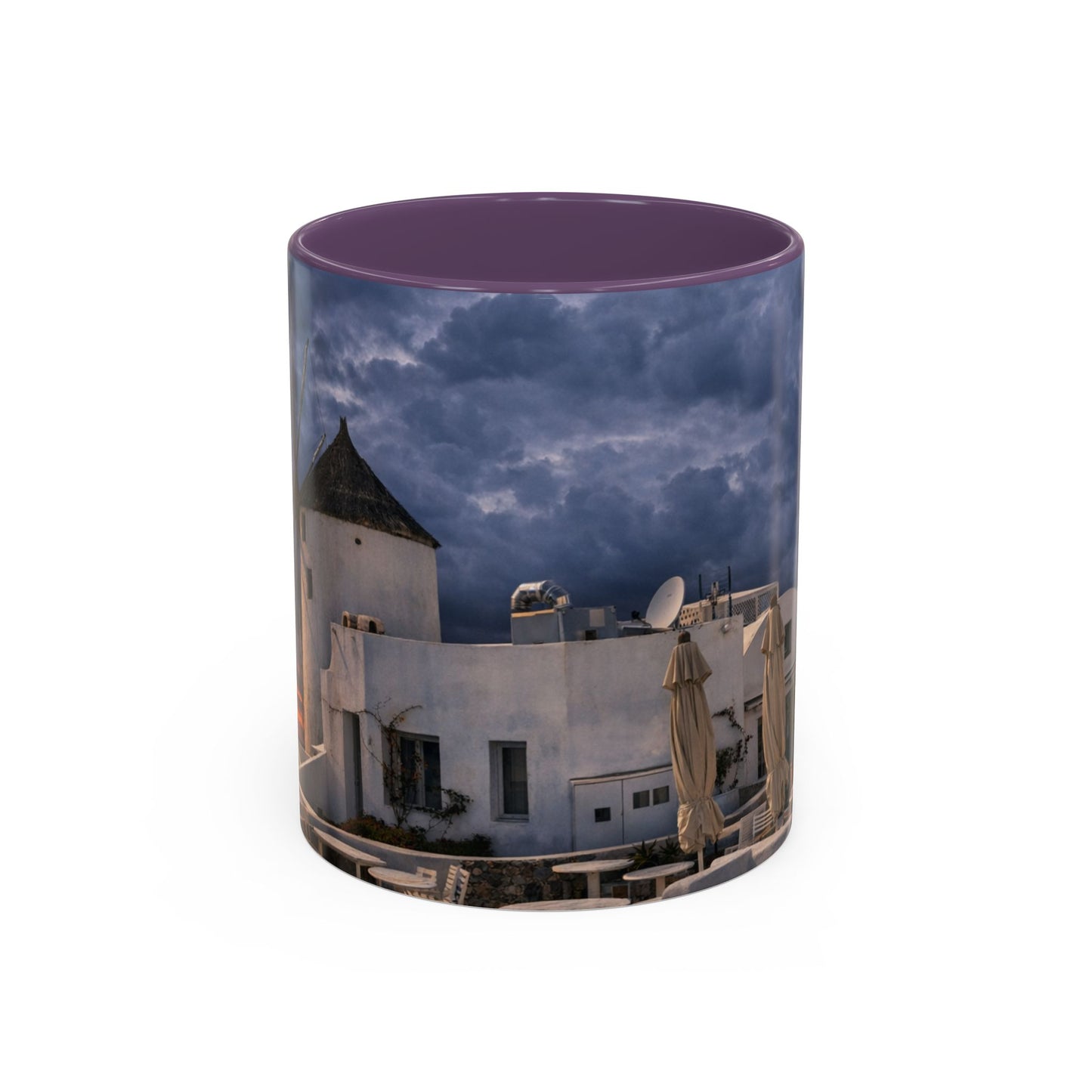 Santorini Windmill Storm Coffee Mug | Dramatic Sky Greek Travel Gift
