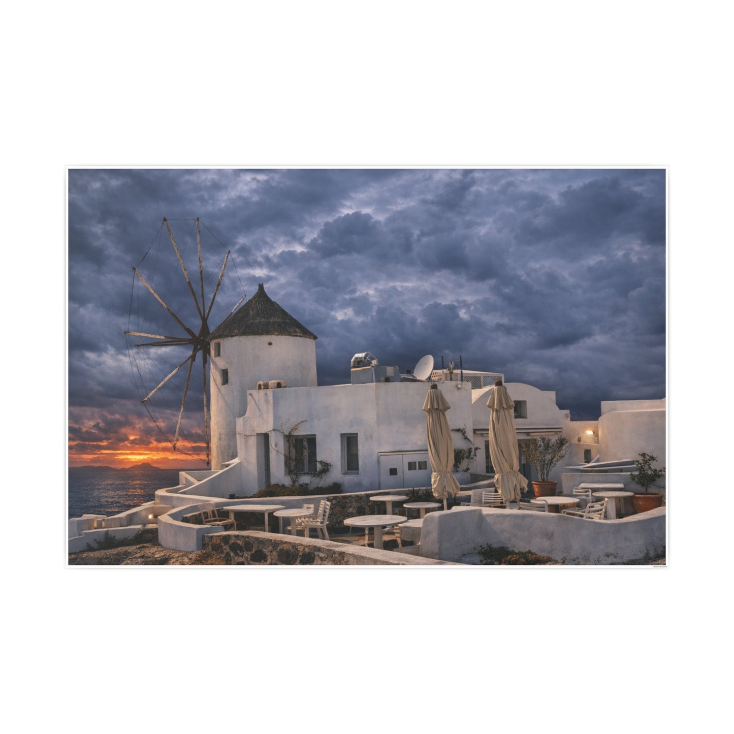Oia Santorini Windmill Sunset Poster — Mediterranean Landscape Photo Art Print