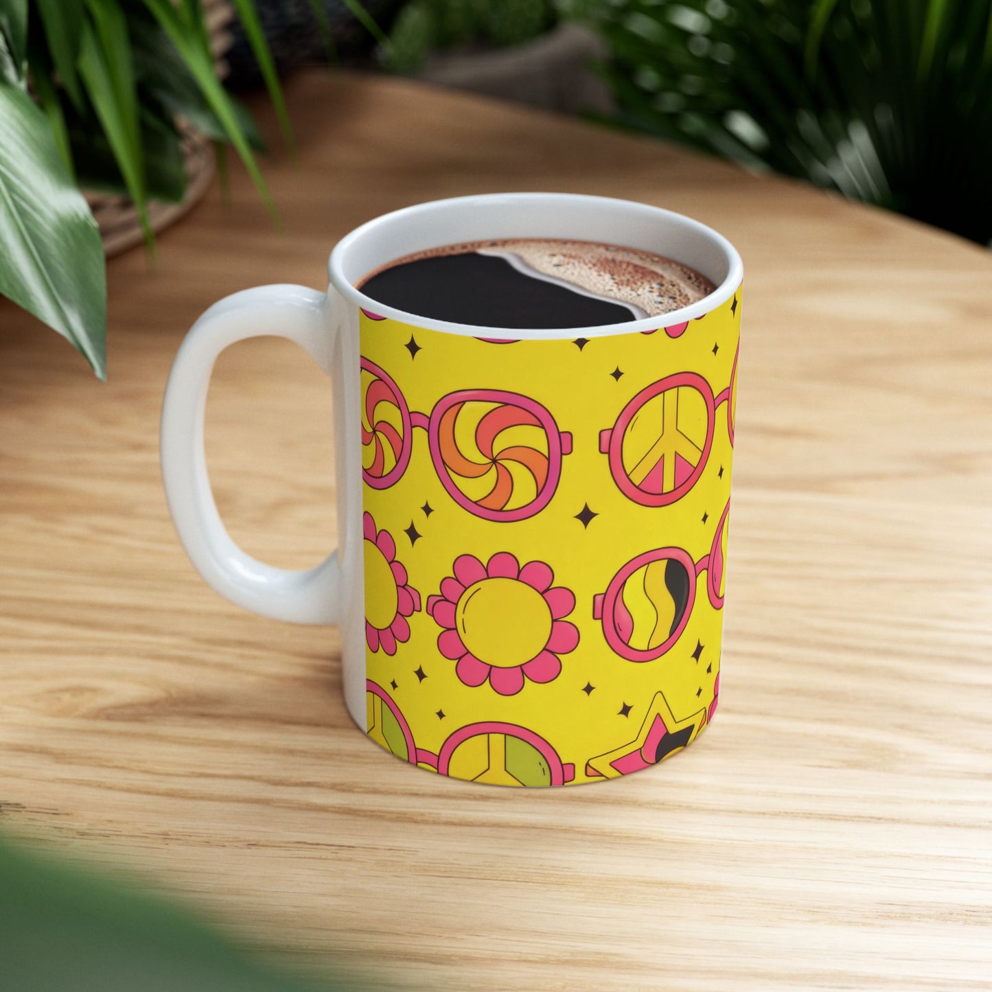 Hippie Peace Sunglasses Ceramic Mug | Retro Yellow 70s Coffee Cup (11oz, 15oz)
