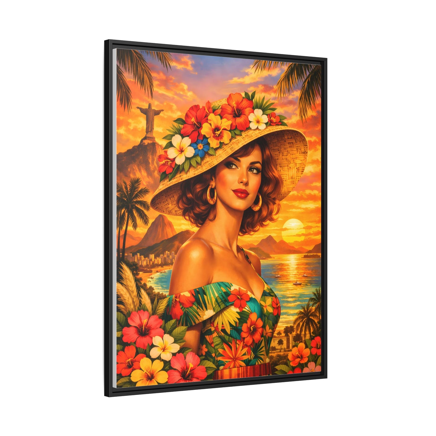 Elegant glamorous vintage woman in Rio de Janeiro front of Christ the Redeemer statue, retro Brazilian travel fashion illustration Canvas — Framed