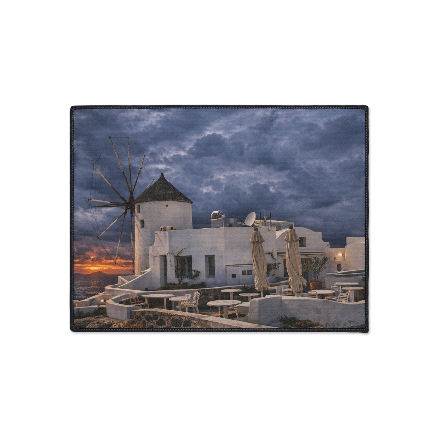 Oia Santorini Windmill Floor Mat — Mediterranean Coastal Sunset Home Decor