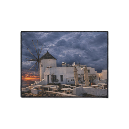 Oia Santorini Windmill Floor Mat — Mediterranean Coastal Sunset Home Decor