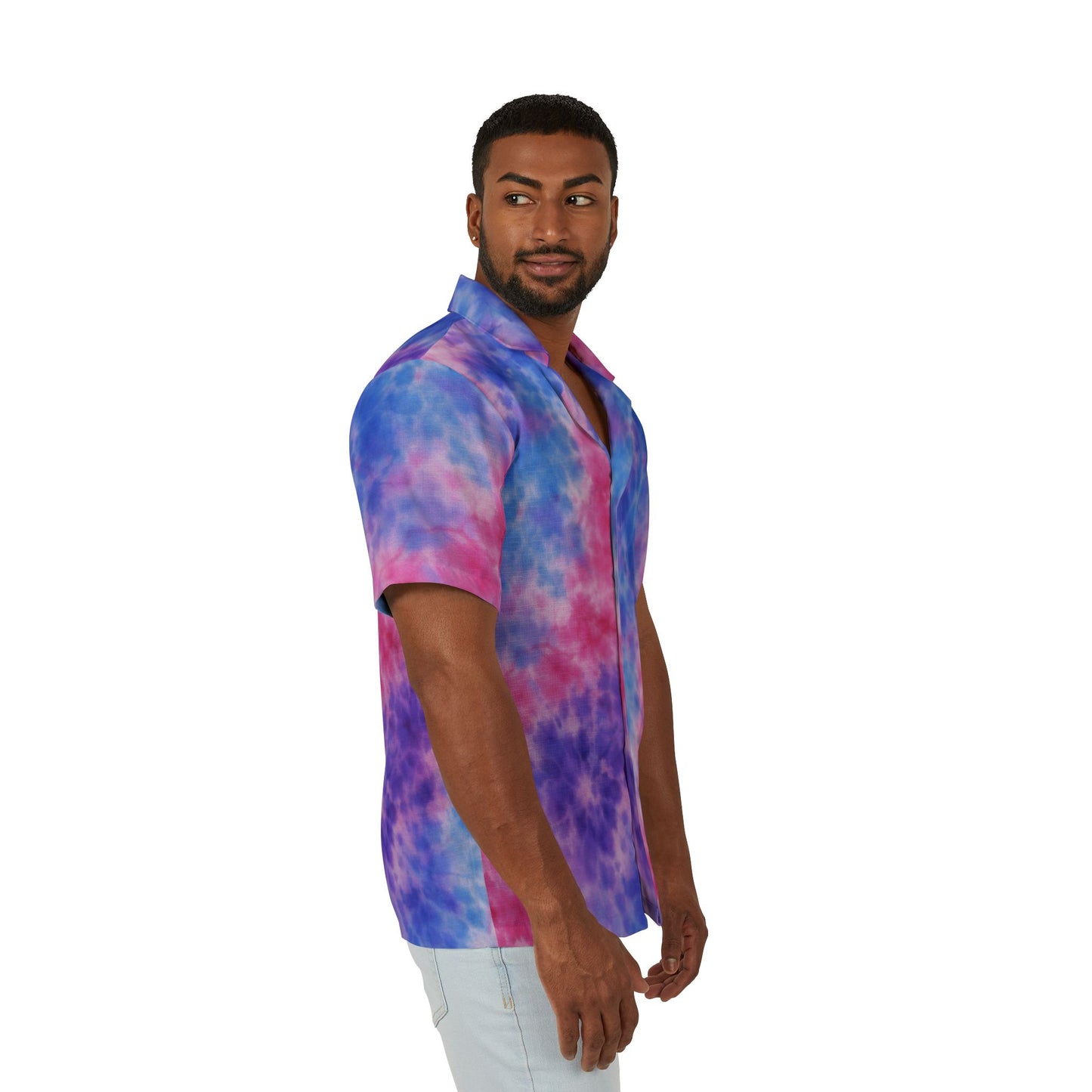 Men's Tie-Dye Hawaiian Camp Shirt — Pink & Blue Vacation Button-Up