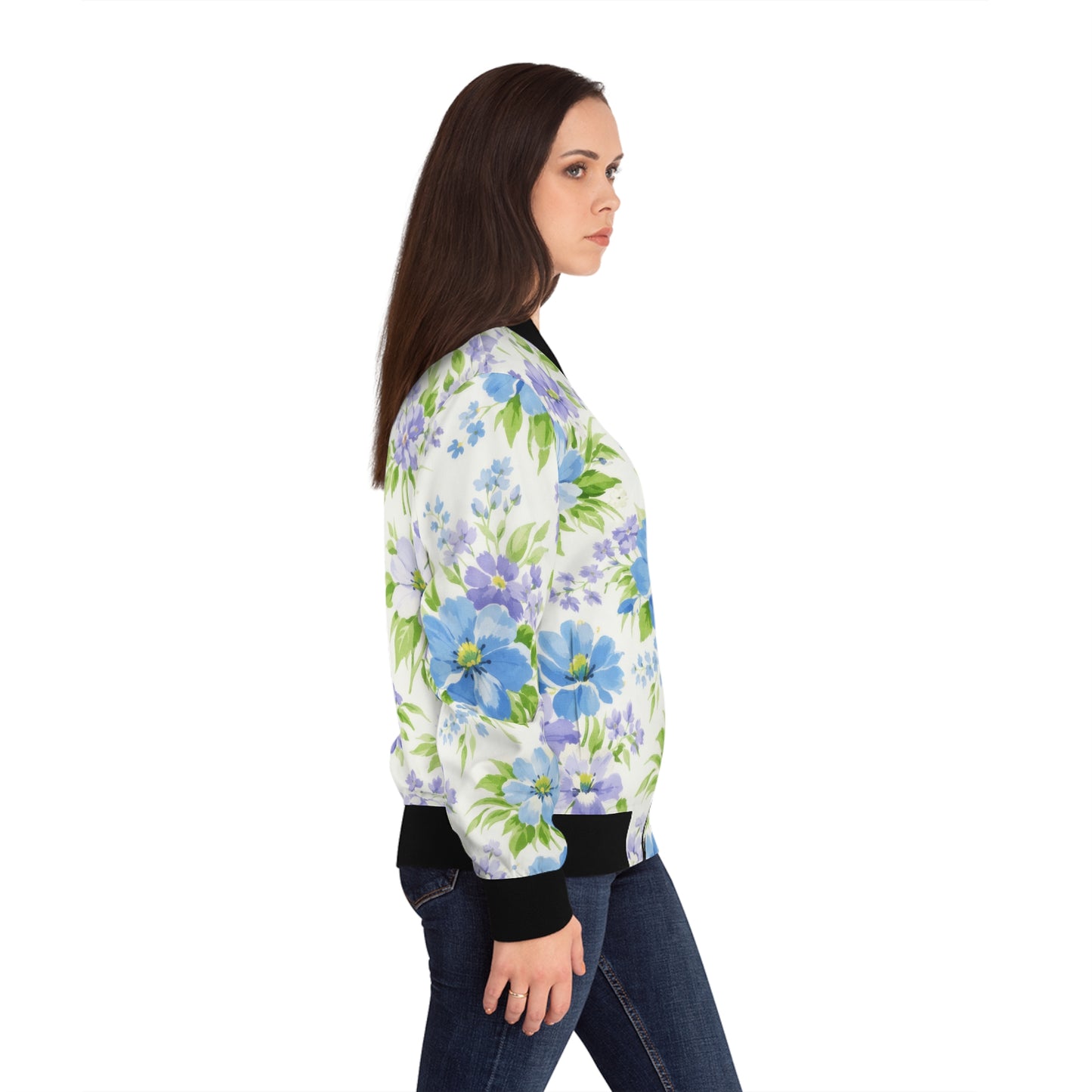 Floral Blue & Lavender All-Over Print Bomber Jacket