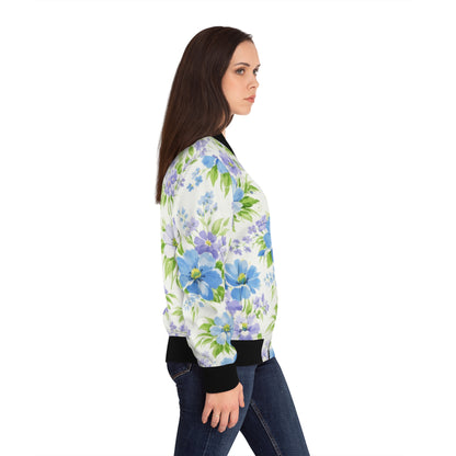 Floral Blue & Lavender All-Over Print Bomber Jacket