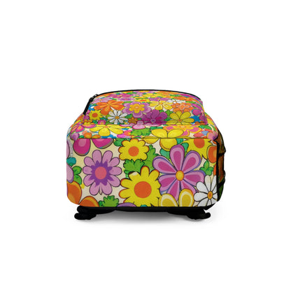 Floral Retro Daisy Backpack — Colorful 70s Flower Pattern School & Travel Bag