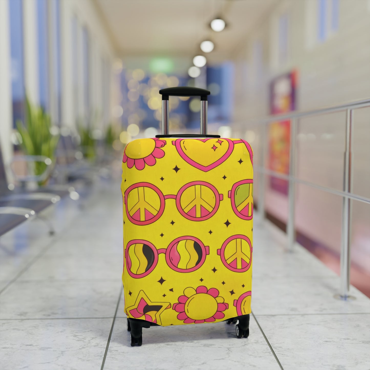 Retro Sunshine Luggage Cover – Yellow Peace Sign, Hearts & Flowers Travel Protector
