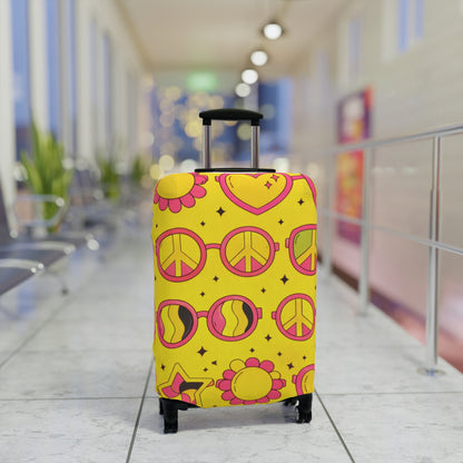 Retro Sunshine Luggage Cover – Yellow Peace Sign, Hearts & Flowers Travel Protector