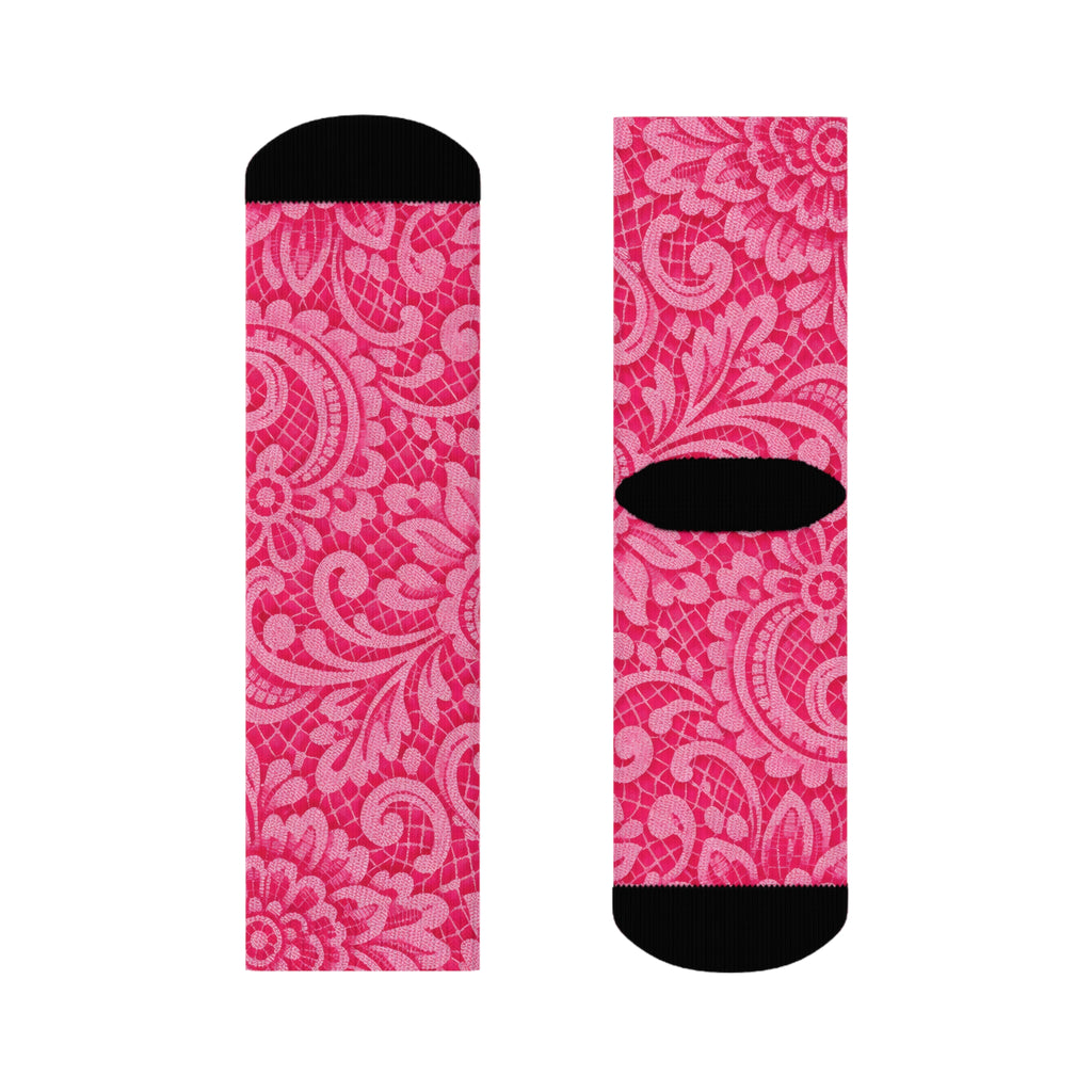 Pink Paisley Crew Socks — Floral Patterned Casual Socks for Women