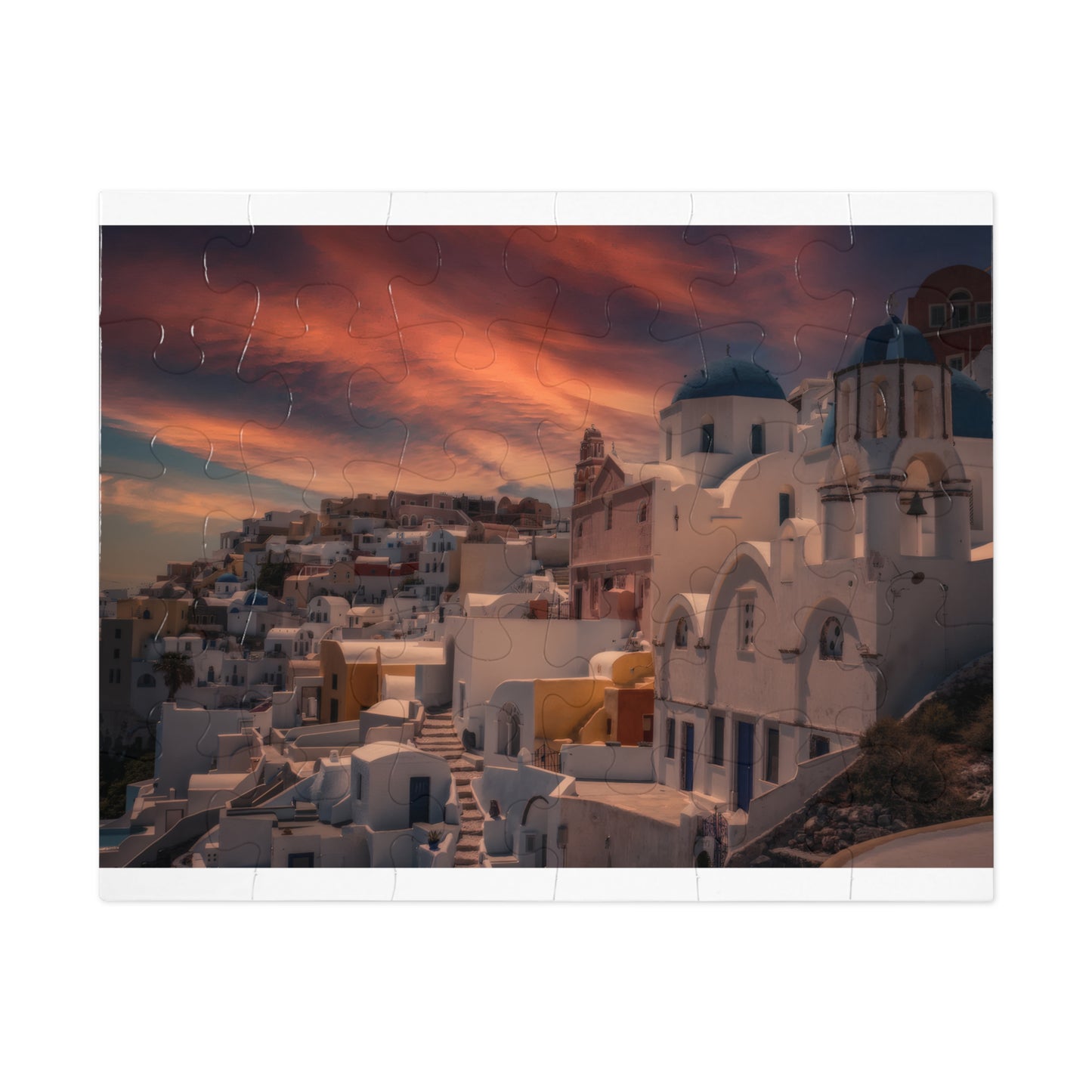 Santorini Sunset Jigsaw Puzzle, Oia Greece Blue Dome Game, Dreamy Mediterranean Sky Art, Greek Island Travel Gift, Aesthetic Scenic Puzzle
