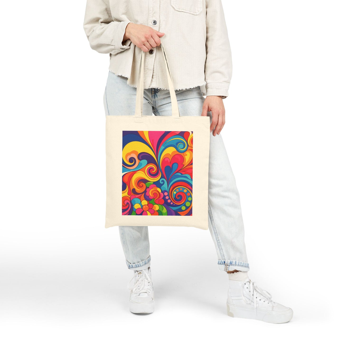 Psychedelic Swirl Canvas Tote — Colorful Retro Floral Boho Bag
