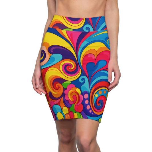 Psychedelic Swirl Pencil Skirt — Vibrant Retro Floral AOP