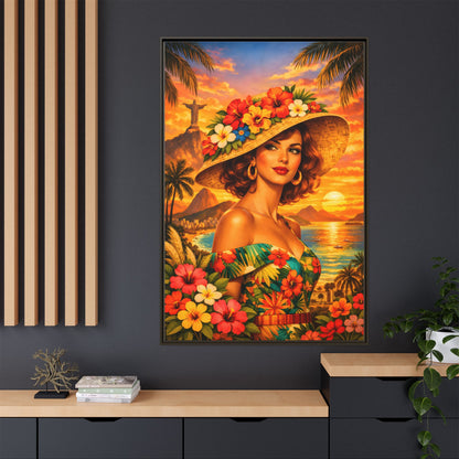 Elegant glamorous vintage woman in Rio de Janeiro front of Christ the Redeemer statue, retro Brazilian travel fashion illustration Canvas — Framed
