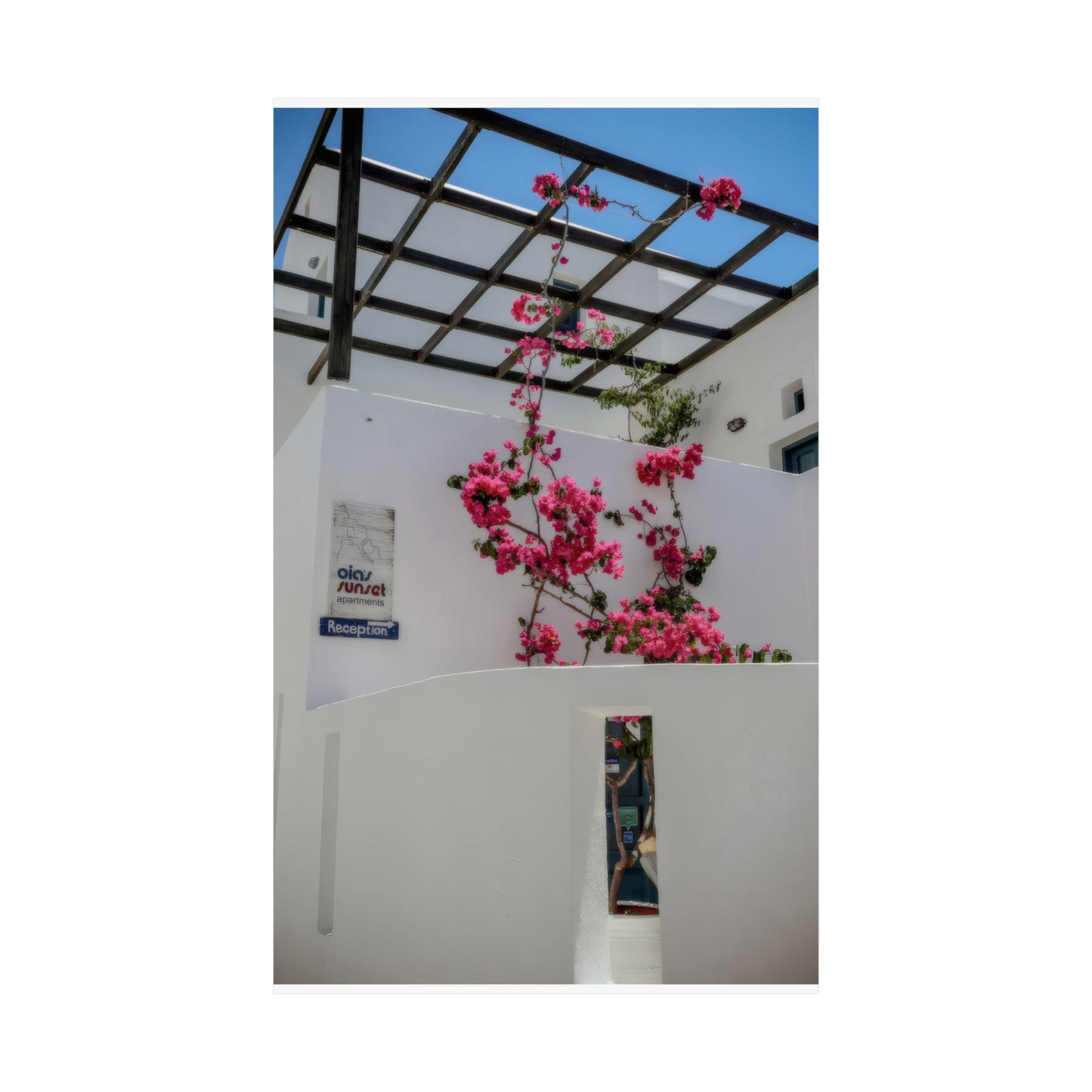 Santorini Bougainvillea Poster, Oia Greece White Architecture Art, Mediterranean Floral Wall Decor, Greek Island Photography Print Art Decor
