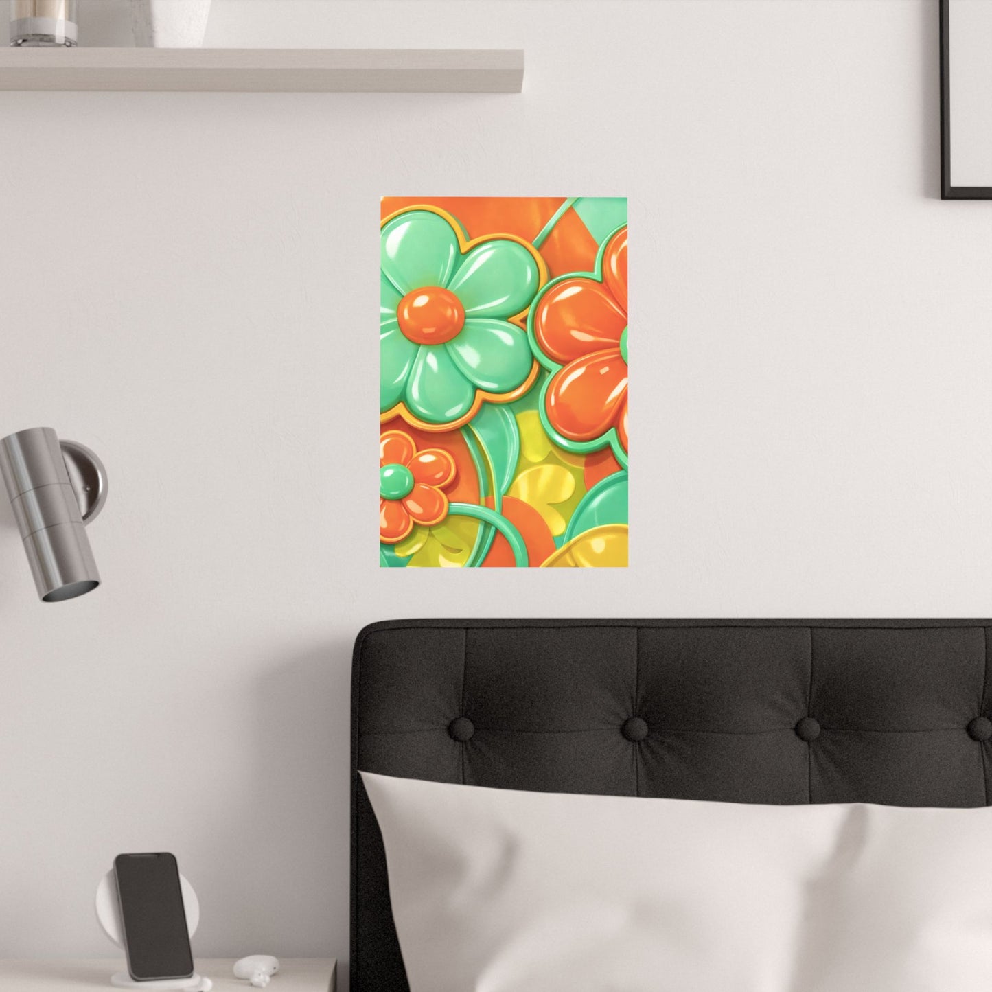 Retro Orange Teal Flower Pattern Poster | Satin Poster