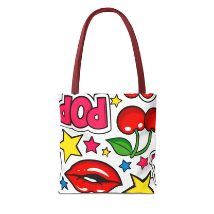 Pop Art Kiss & Cherries Tote Bag — Fun Retro Pattern All-Over Print