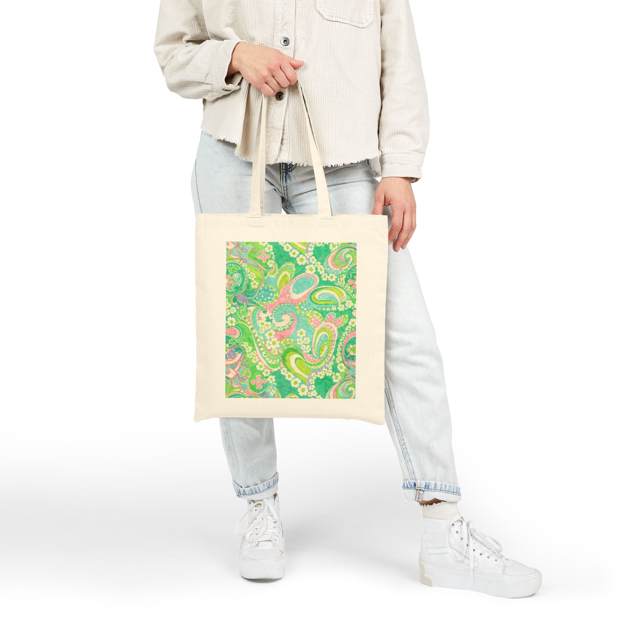 Green Paisley Canvas Tote Bag — Retro Floral Eco Shopping Tote