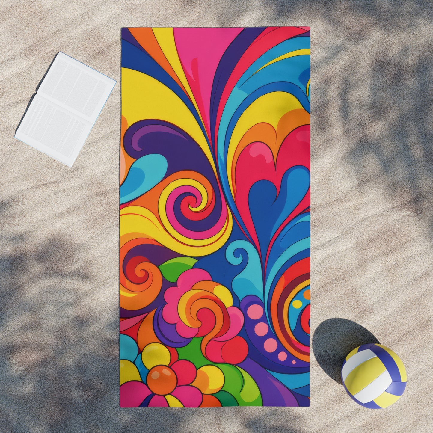Psychedelic Swirl Beach Towel - Retro 60s Colorful Floral Pattern