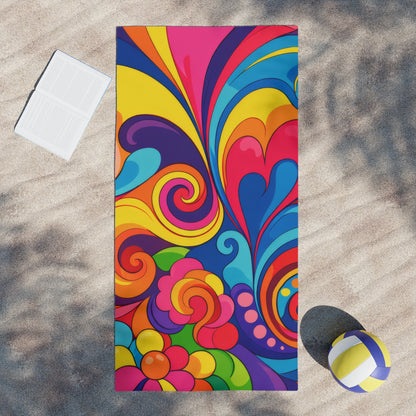 Psychedelic Swirl Beach Towel - Retro 60s Colorful Floral Pattern