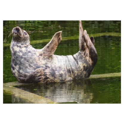 Funny Seal Yoga Jigsaw Puzzle in Tin Box, Relaxed Harbor Seal Game, Cute Marine Life Gift, Quirky Wildlife Puzzle