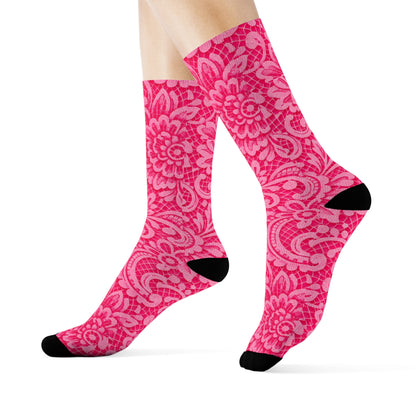 Pink Paisley Crew Socks — Floral Patterned Casual Socks for Women