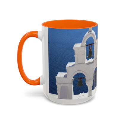 Santorini Bell Towers coffee mug | Greek island scene, blue sea accent mug