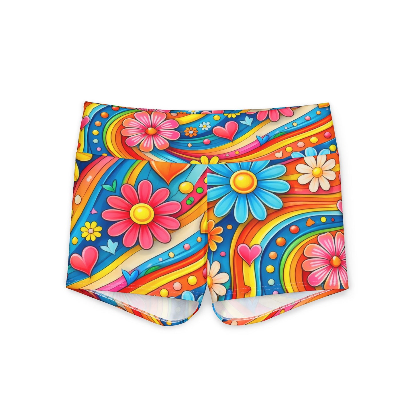Psychedelic Floral Yoga Shorts — Women's Colorful 70s Retro Activewear