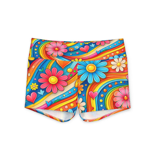 Psychedelic Floral Yoga Shorts — Women's Colorful 70s Retro Activewear