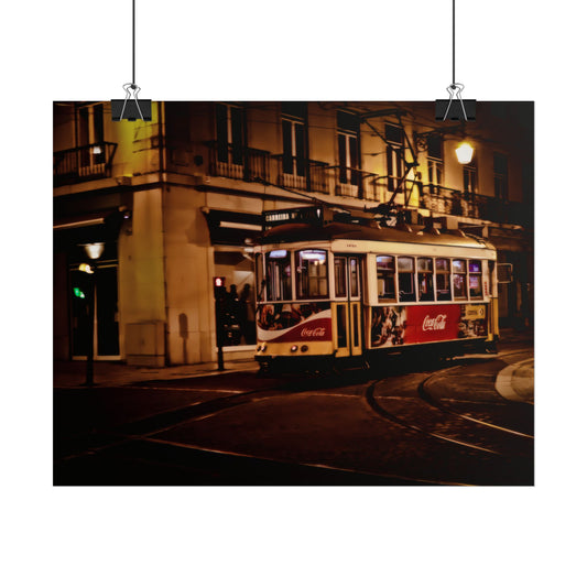 Lisbon Night Tram Poster, Portugal Cityscape Wall Art, Moody Urban Photography Print, European Street Scene Decor, Vintage Tramway Wall Art