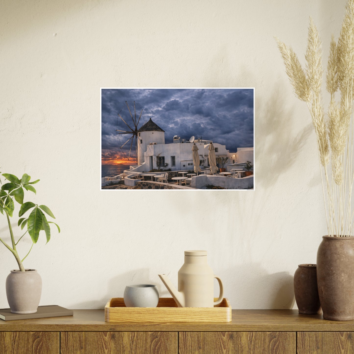 Oia Santorini Windmill Sunset Poster — Mediterranean Landscape Photo Art Print
