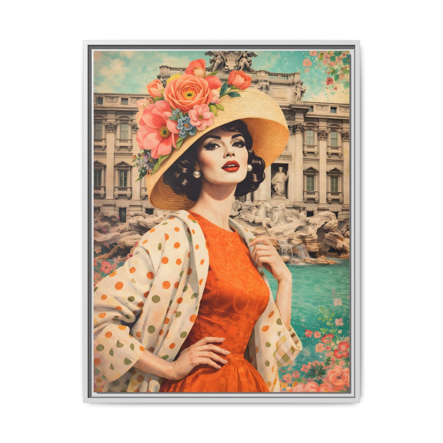 Elegant glamorous vintage woman in Rome front of Trevi Fountain, retro Italian travel fashion illustration,Framed Matte Canvas Art