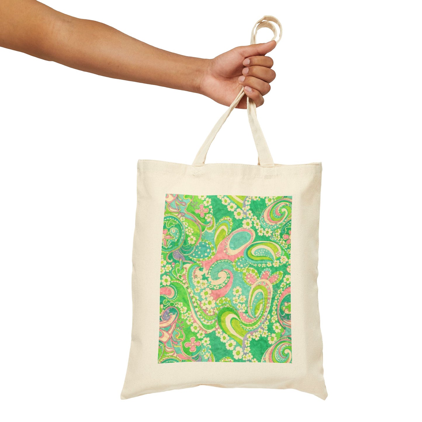 Green Paisley Canvas Tote Bag — Retro Floral Eco Shopping Tote