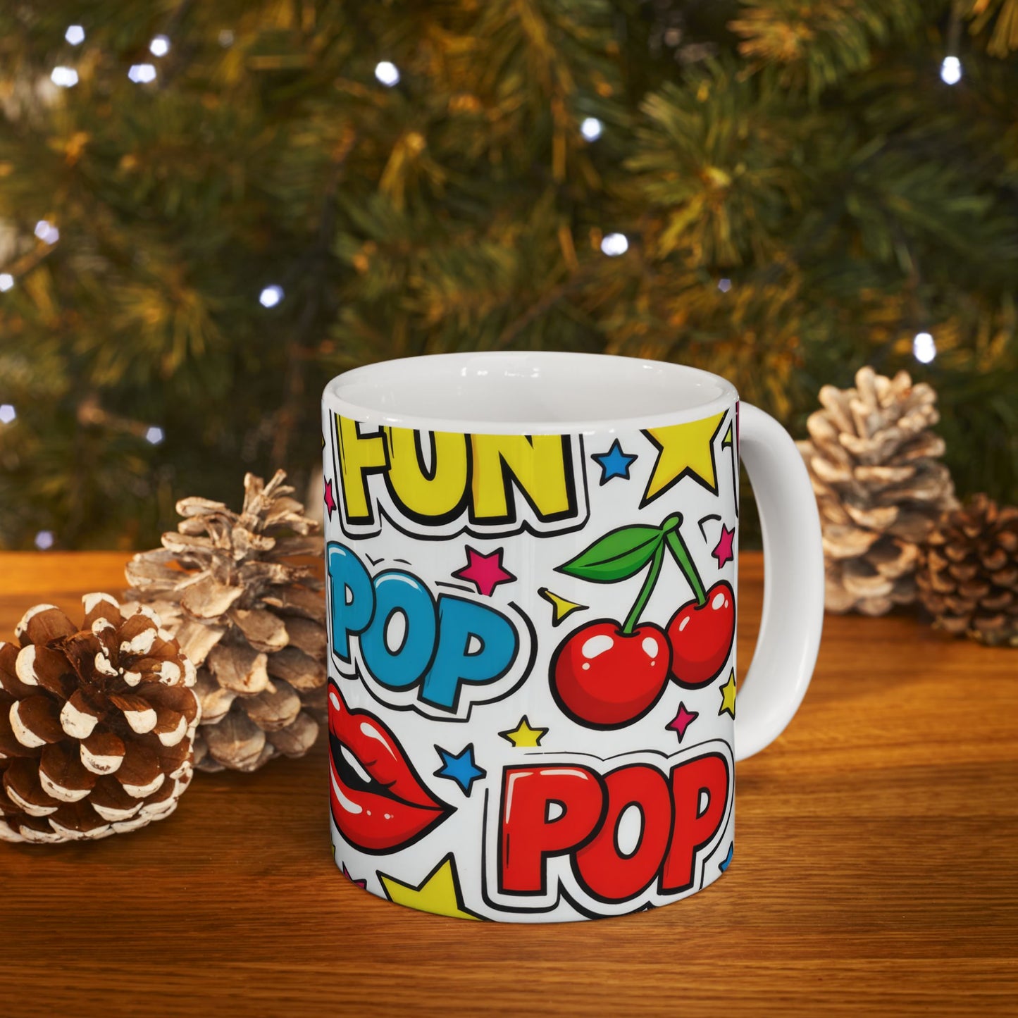 Pop Art Comic Ceramic Mug | Fun Hearts & Lips Coffee Cup (11oz, 15oz)