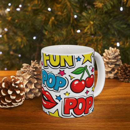 Pop Art Comic Ceramic Mug | Fun Hearts & Lips Coffee Cup (11oz, 15oz)