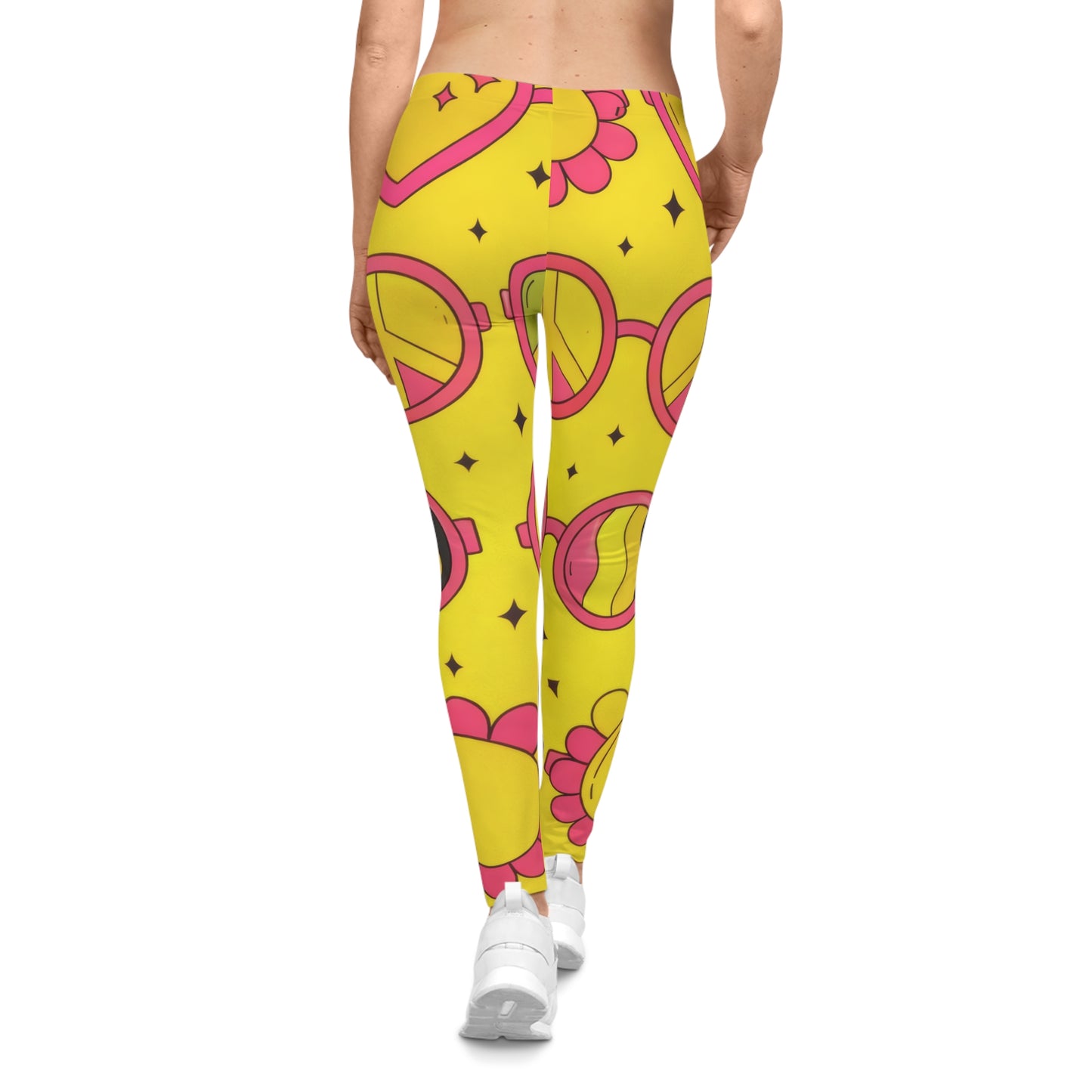 Peace & Love Yellow Pattern Leggings — Retro Heart, Peace Sign & Sun All-Over Print