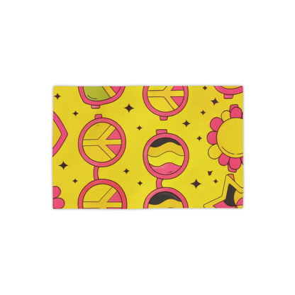 Retro Peace & Love Beach Towel — Yellow Floral Heart Paisley Pattern