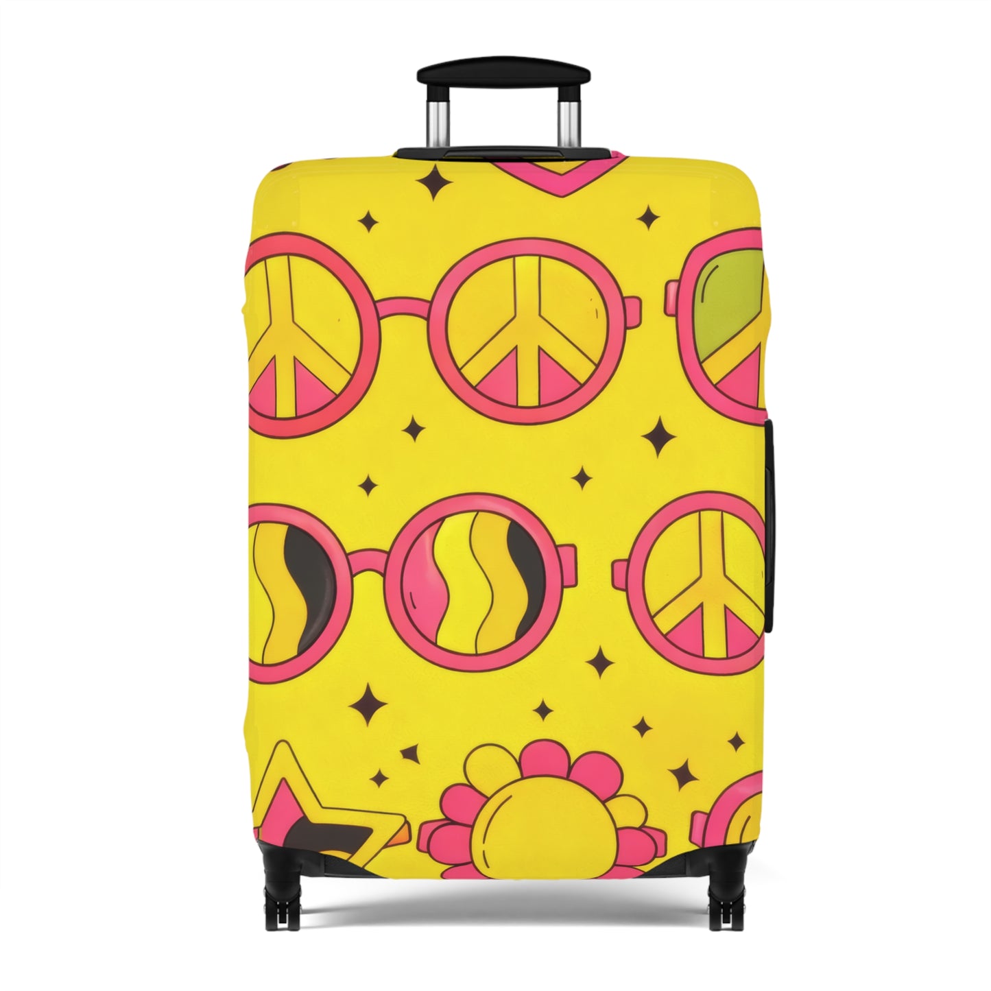 Retro Sunshine Luggage Cover – Yellow Peace Sign, Hearts & Flowers Travel Protector