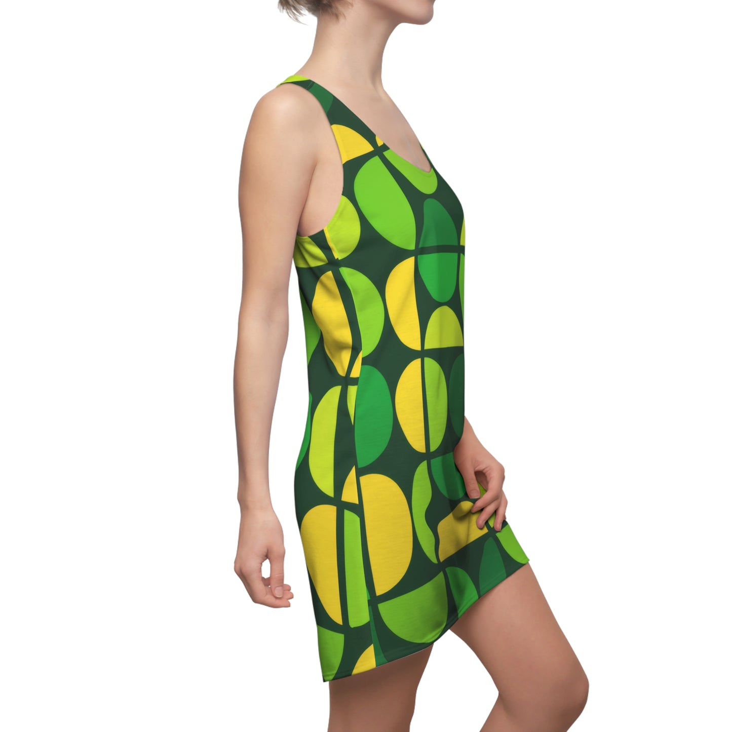 Geometric Green Racerback Dress — Retro Circle Print AOP