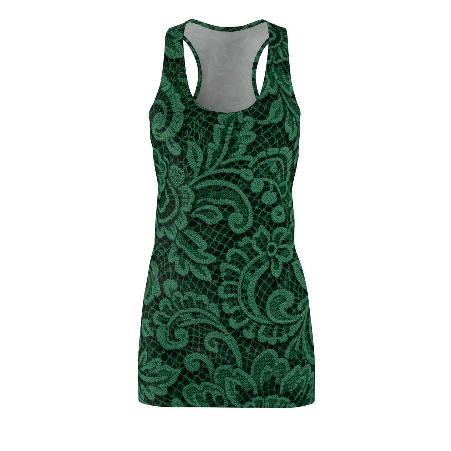 Green Lace Pattern Racerback Dress — Floral All-Over Print