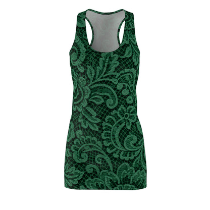 Green Lace Pattern Racerback Dress — Floral All-Over Print