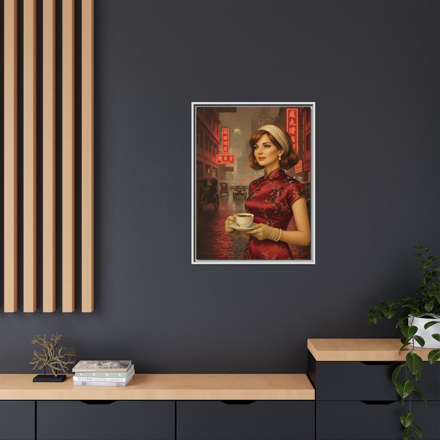 Elegant vintage woman drinking coffee on neon street in Hong Kong Canvas — Framed Matte Wall Art