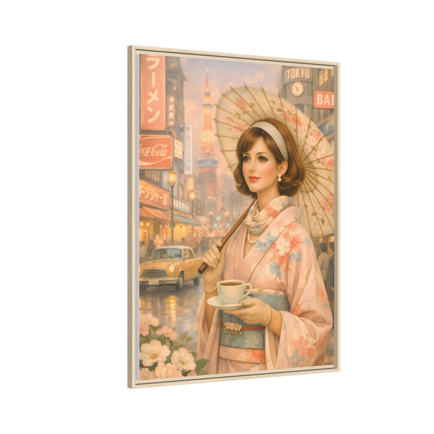 Elegant vintage woman in kimono holding parasol in Tokyo — Framed Matte Canvas Wall Art