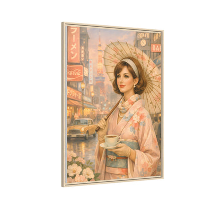 Elegant vintage woman in kimono holding parasol in Tokyo — Framed Matte Canvas Wall Art