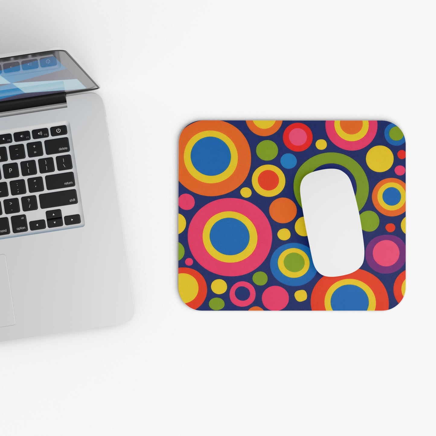 Retro Rainbow Circles Mouse Pad — Colorful Pop Art Desk Mat